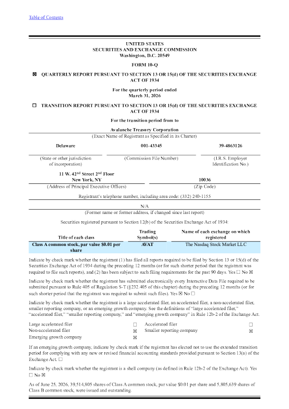 Avalanche Treasury Corp-A 2026年季度报告