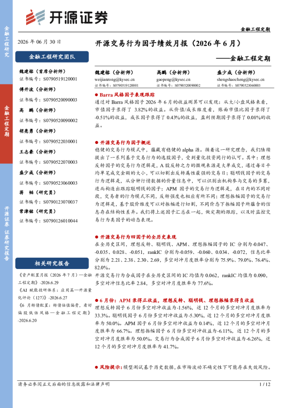 金融工程定期：开源交易行为因子绩效月报（2026年6月）