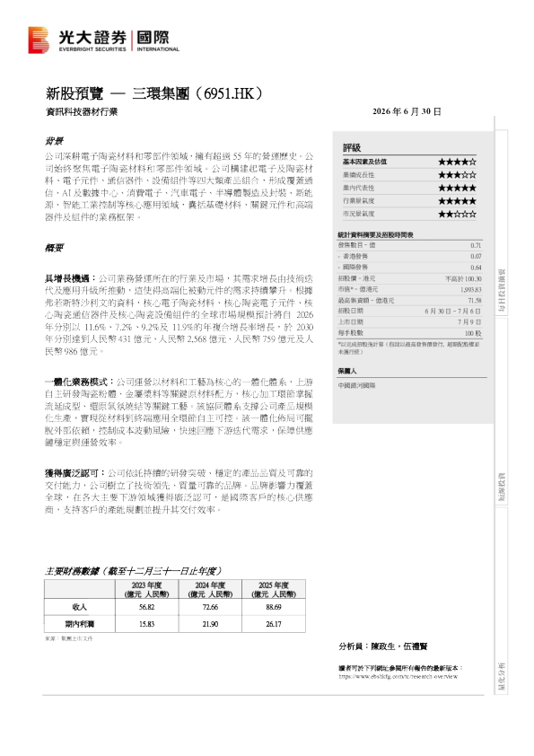 新股预览：三环集团