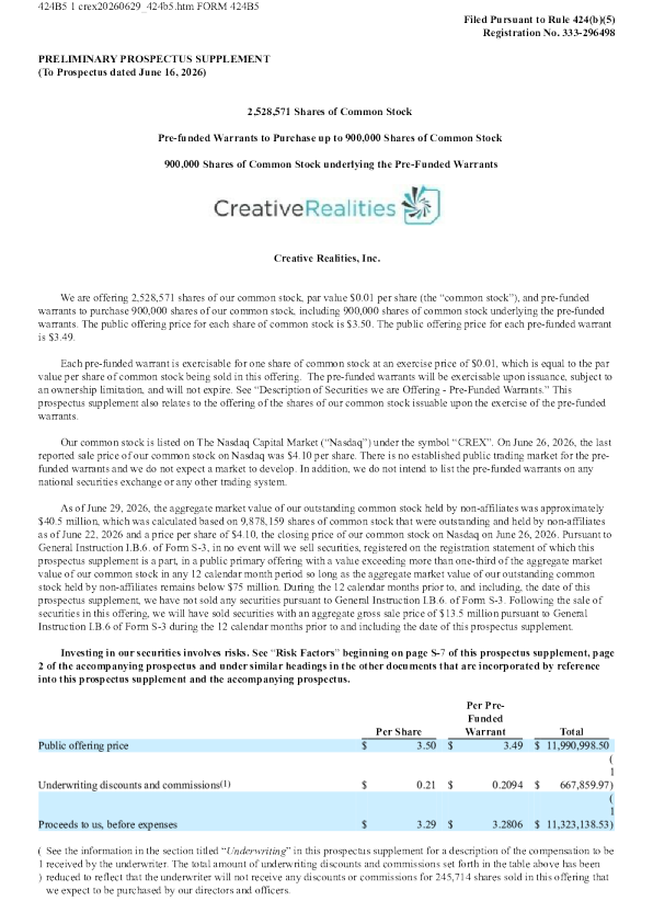 Creative Realities Inc. 美股招股说明书（2026年6月30日版）