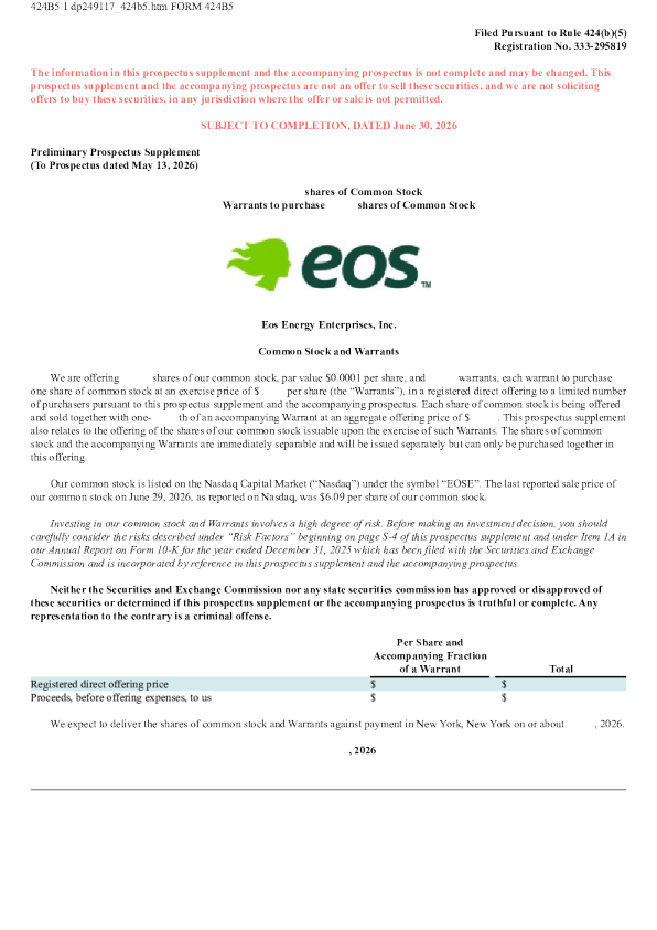 Eos Energy Enterprises Inc. 美股招股说明书（2026年6月30日版）