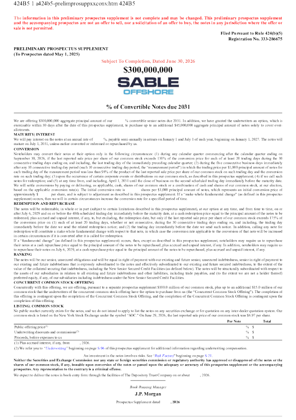 Sable Offshore Corp美股招股说明书(2026-06-30版)