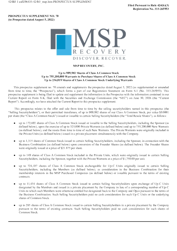 MSP Recovery Inc-A美股招股说明书(2026-06-30版)