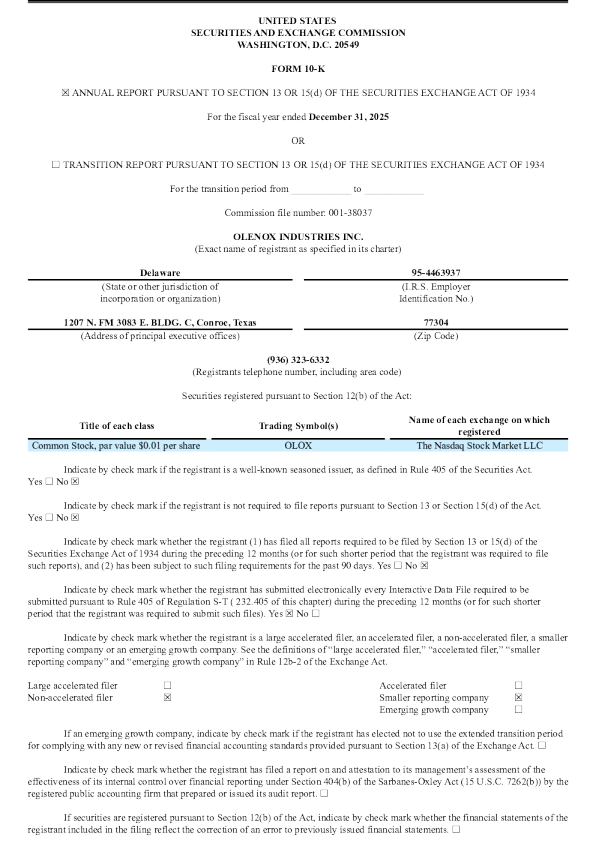 Olenox Industries Inc 2025年度报告
