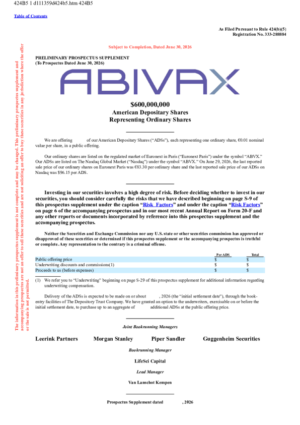 ABIVAX Société Anonyme美股招股说明书(2026-06-30版)
