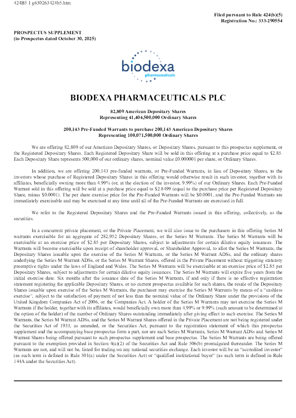 
Biodexa Pharmaceuticals PLC 美股存托凭证招股说明书（2026年7月1日版）