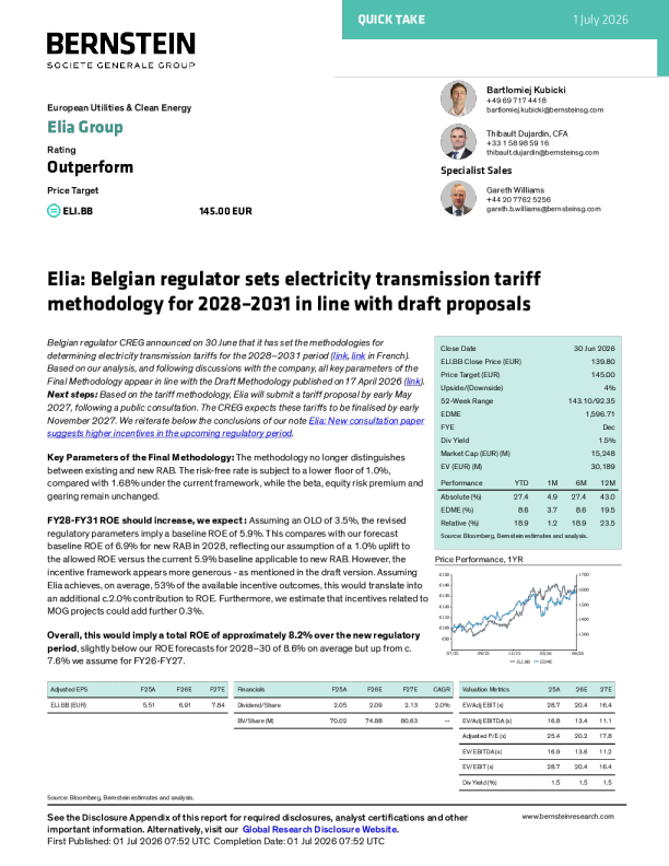 欧洲公用事业与清洁能源：Elia Group比利时监管机构公布2028-2031年输电电价最终方法