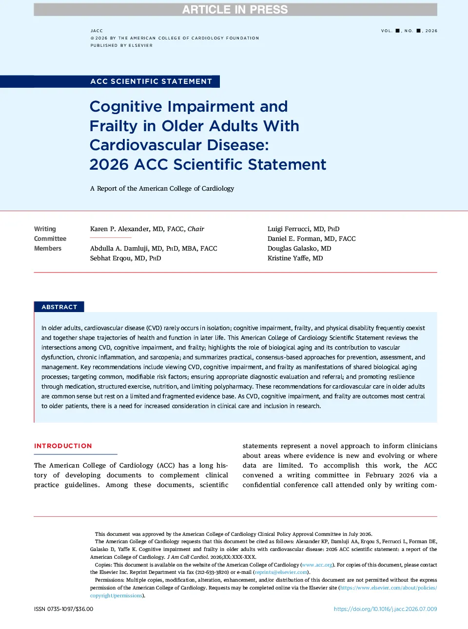 2026 ACC科学声明：老年心血管疾病患者认知障碍与衰弱