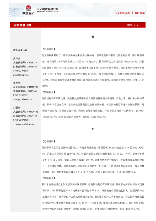 五矿期货早报 | 有色金属