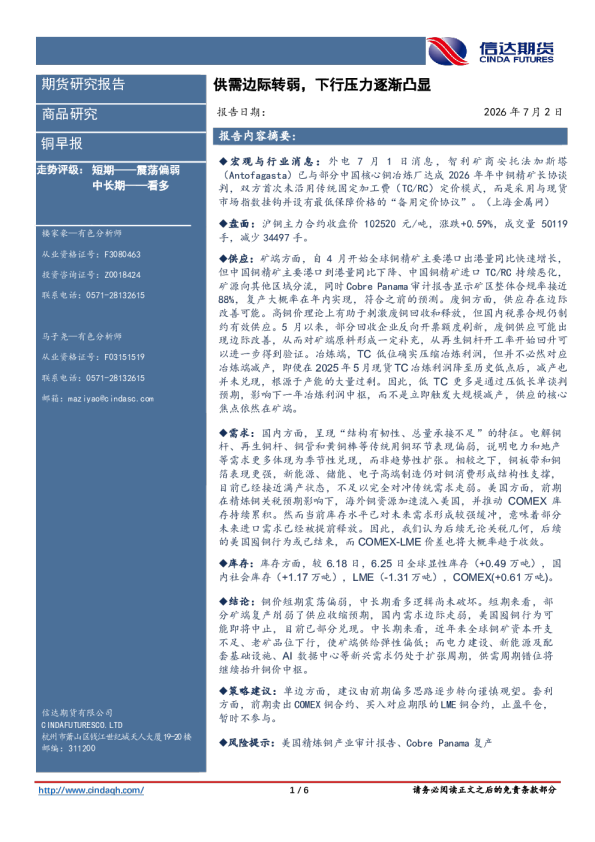 铜早报：供需边际转弱，下行压力逐渐凸显