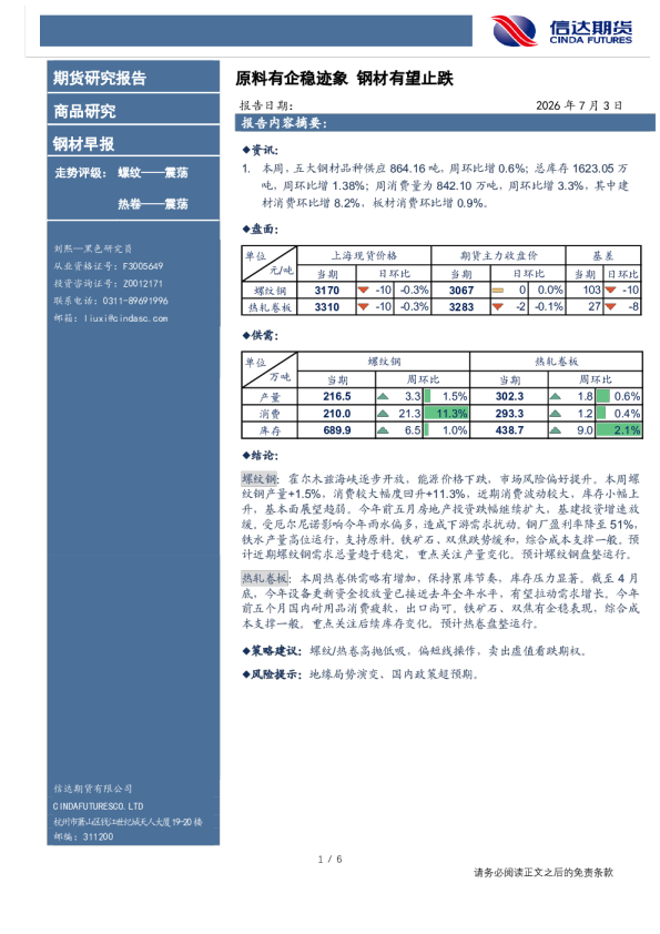 钢材早报：原料有企稳迹象，钢材有望止跌