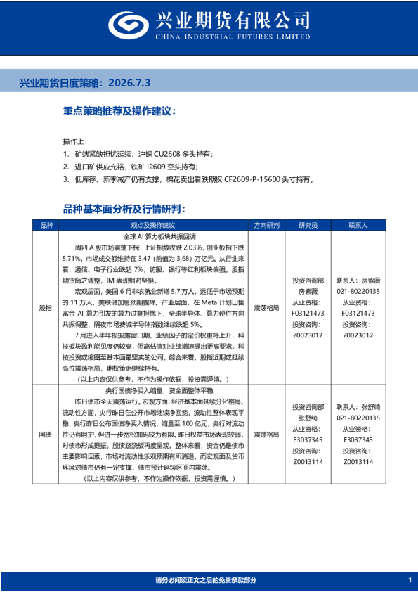 兴业期货日度策略