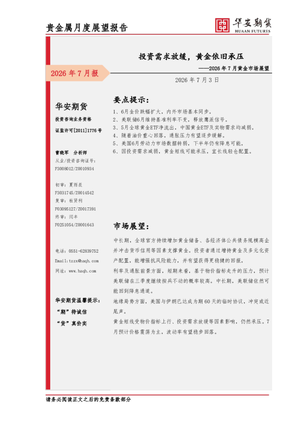 投资需求放缓，黄金依旧承压——2026年7月黄金市场展望