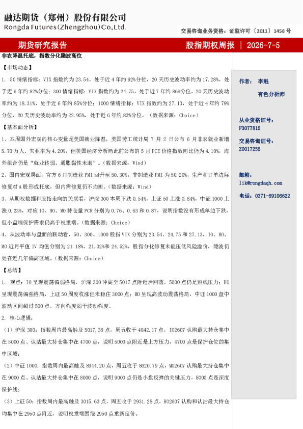 融达期货股指期权周报-非农降温托底，指数分化隐波高位