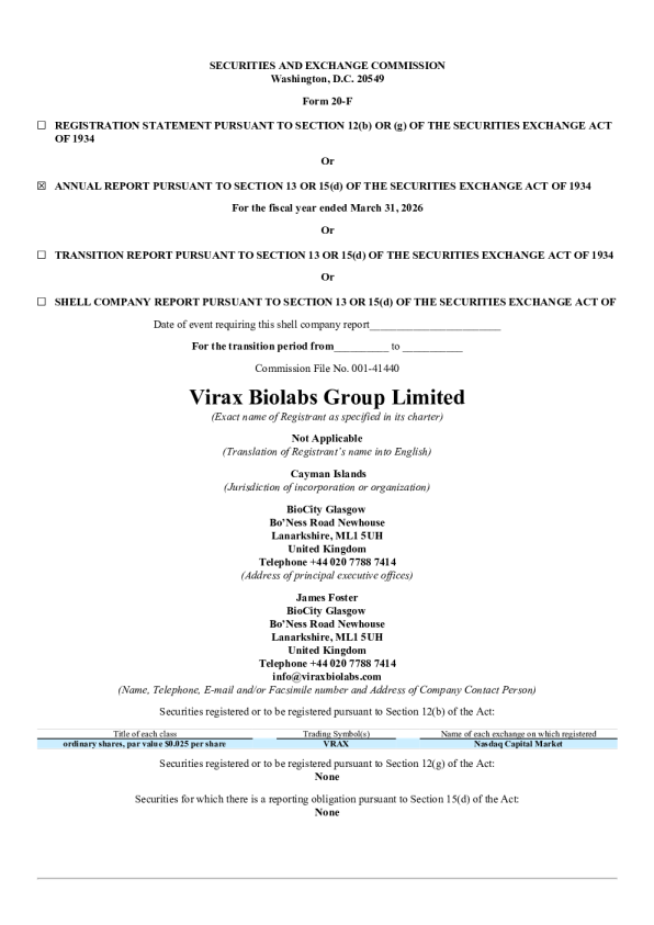 Virax Biolabs 2026年年度报告和过渡报告