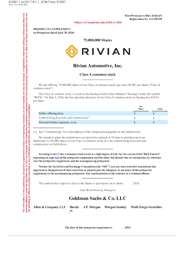 Rivian Automotive Inc-A美股招股说明书(2026-07-06版)