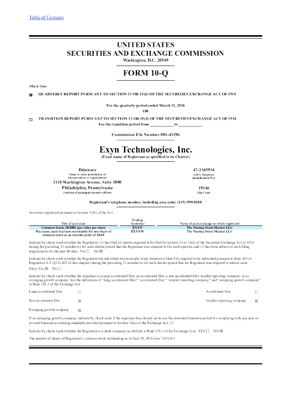 Exyn Technologies Inc 2026年季度报告