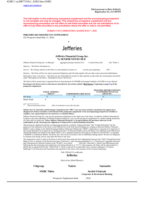 Jefferies Financial Group Inc美股招股说明书(2026-07-07版)