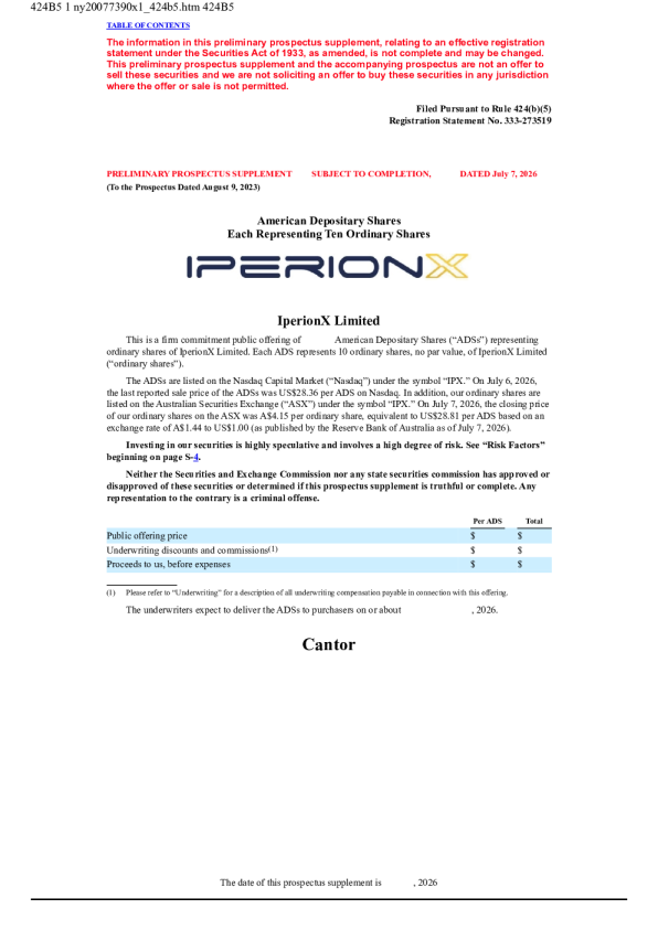 IperionX Ltd ADR美股招股说明书(2026-07-07版)