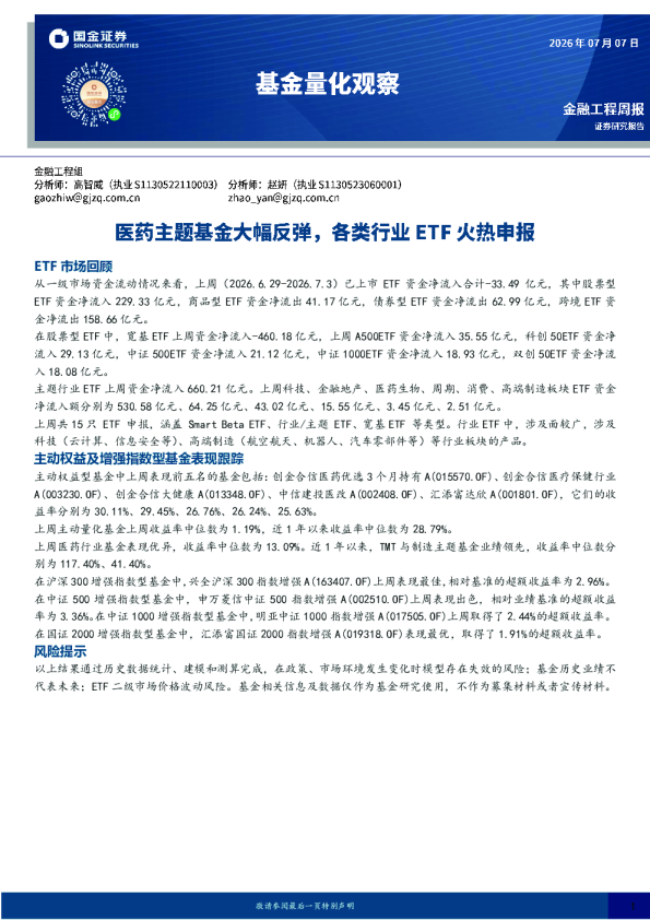 基金量化观察：医药主题基金大幅反弹，各类行业ETF火热申报