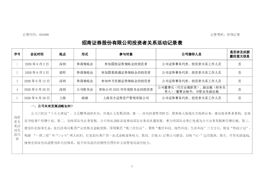 600999 招商证券 招商证券股份有限公司投资者关系活动记录表（2026年6月）