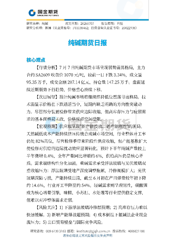 纯碱期货日报