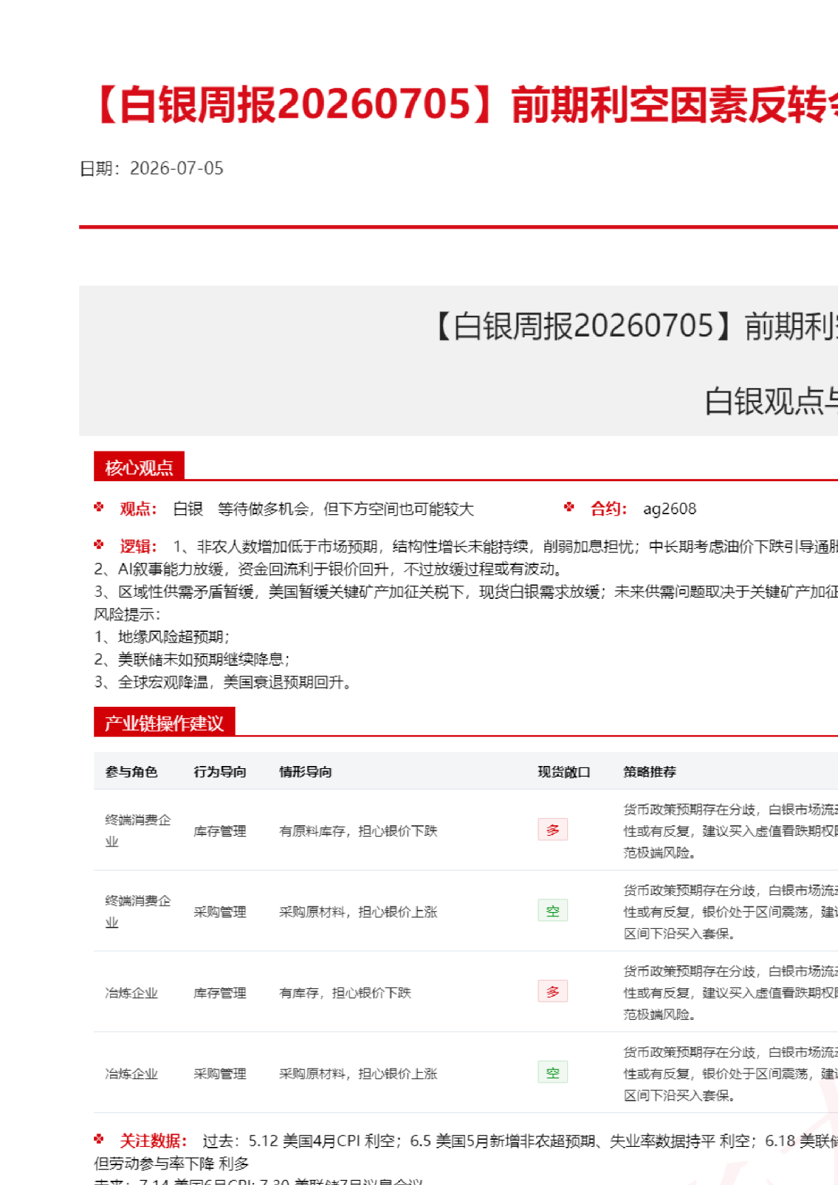 前期利空因素反转令银价短期触底回升