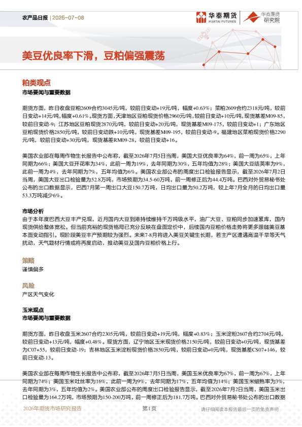 农产品日报：美豆优良率下滑，豆粕偏强震荡
