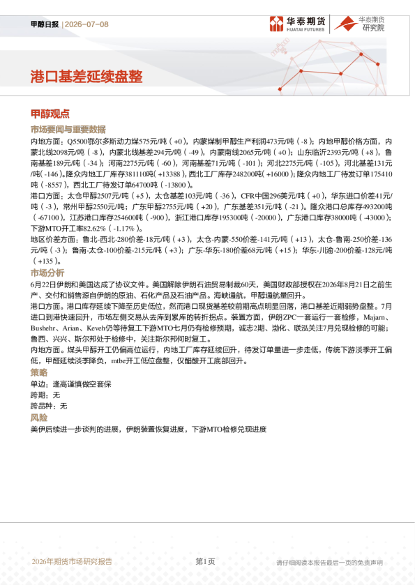甲醇日报：港口基差延续盘整