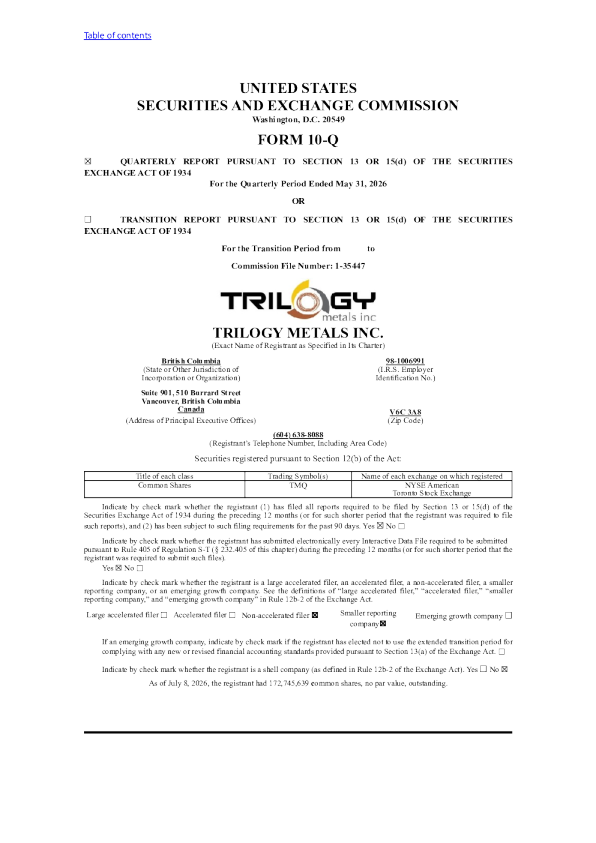 Trilogy Metals Inc 2026年季度报告