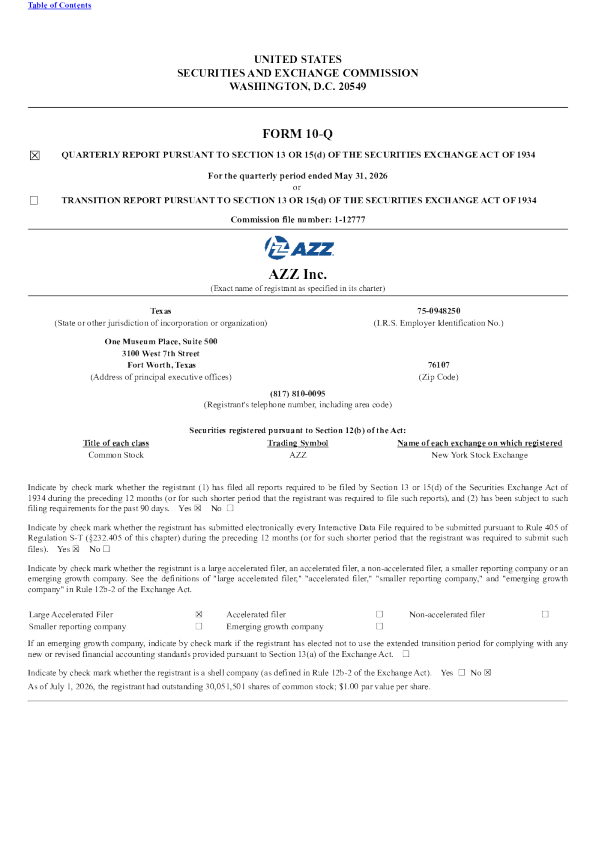 AZZ 2026年季度报告