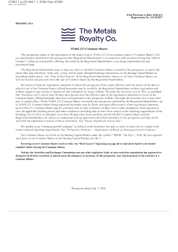 The Metals Royalty Co Inc美股招股说明书(2026-07-08版)