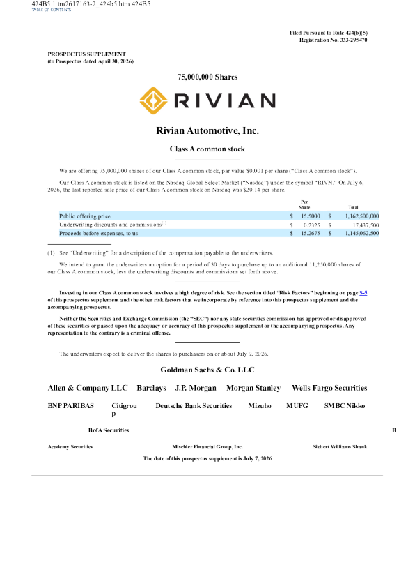 Rivian Automotive Inc-A美股招股说明书(2026-07-08版)