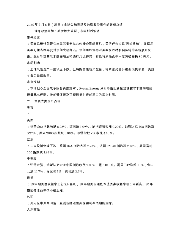 周三全球金融市场及地缘政治事件的详细总