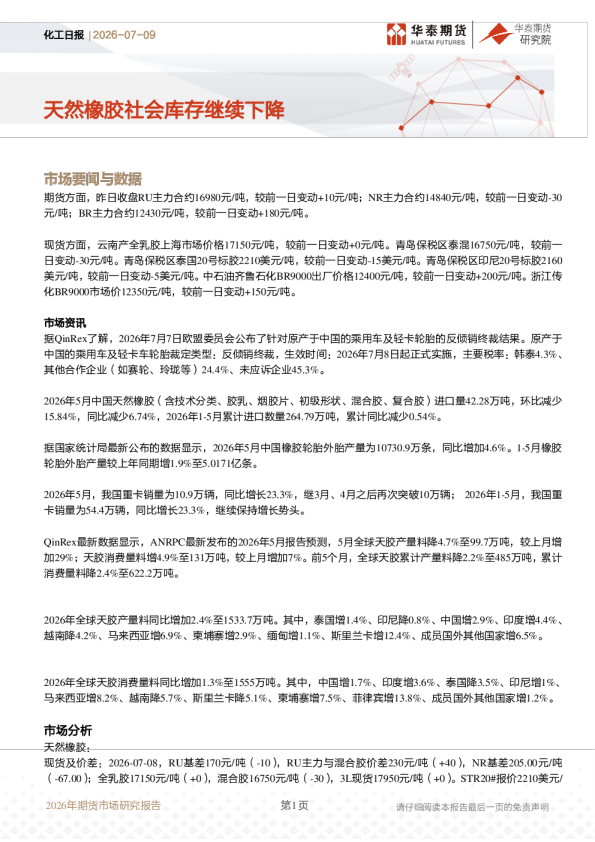 化工日报：天然橡胶社会库存继续下降