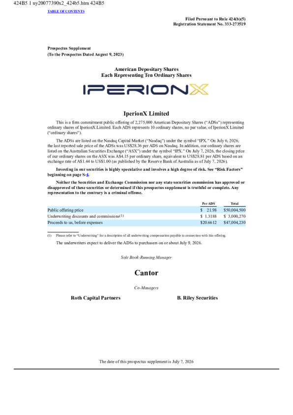 IperionX Ltd ADR美股招股说明书(2026-07-09版)