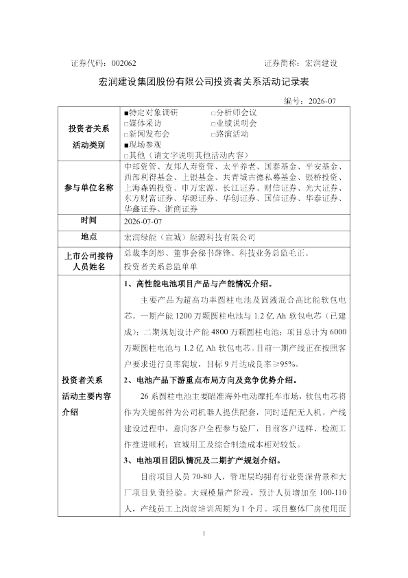 002062 宏润建设 宏润建设投资者关系管理信息20260709