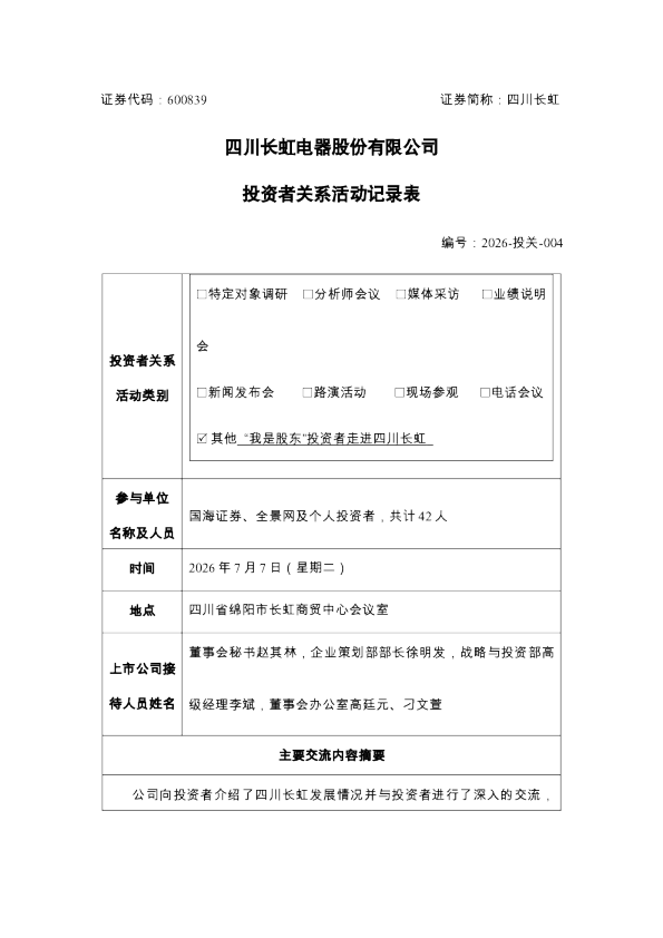 600839 四川长虹 四川长虹投资者活动记录表2026-投关-004