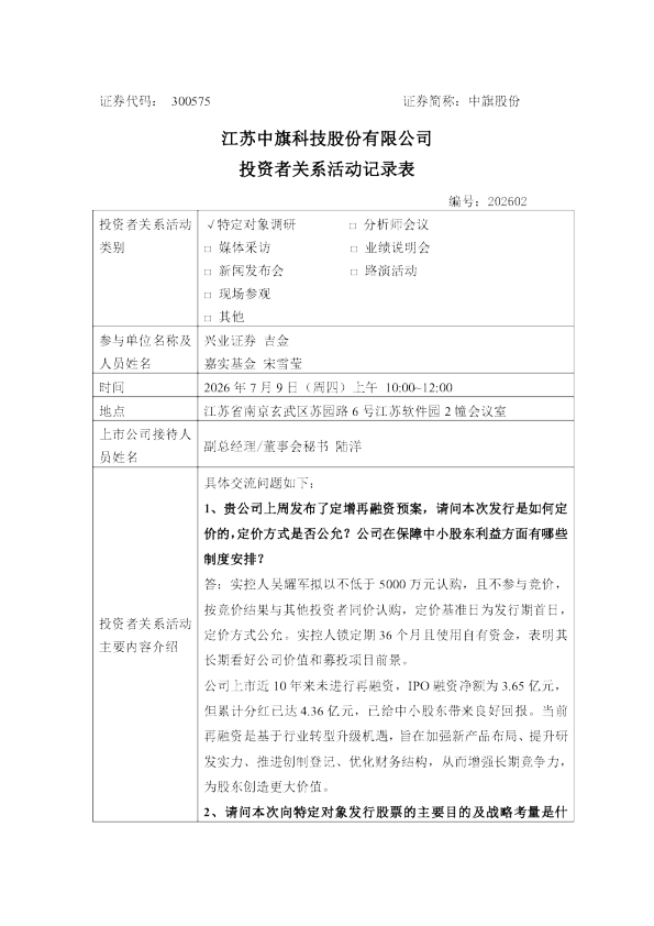 300575 中旗股份 300575中旗股份投资者关系管理信息20260709