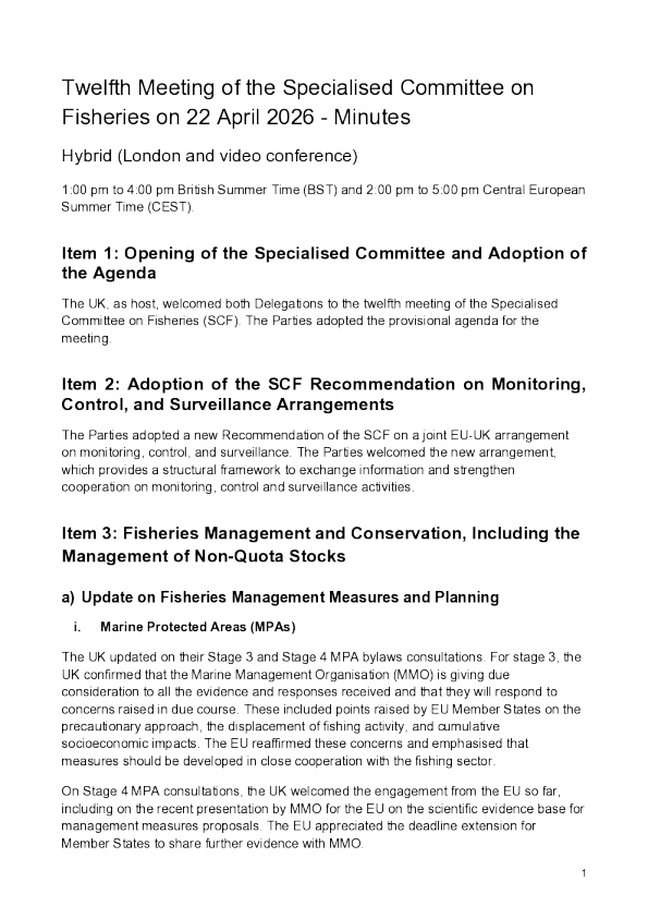 欧盟-英国贸易与合作协定所设渔业专门委员会第十二次会议