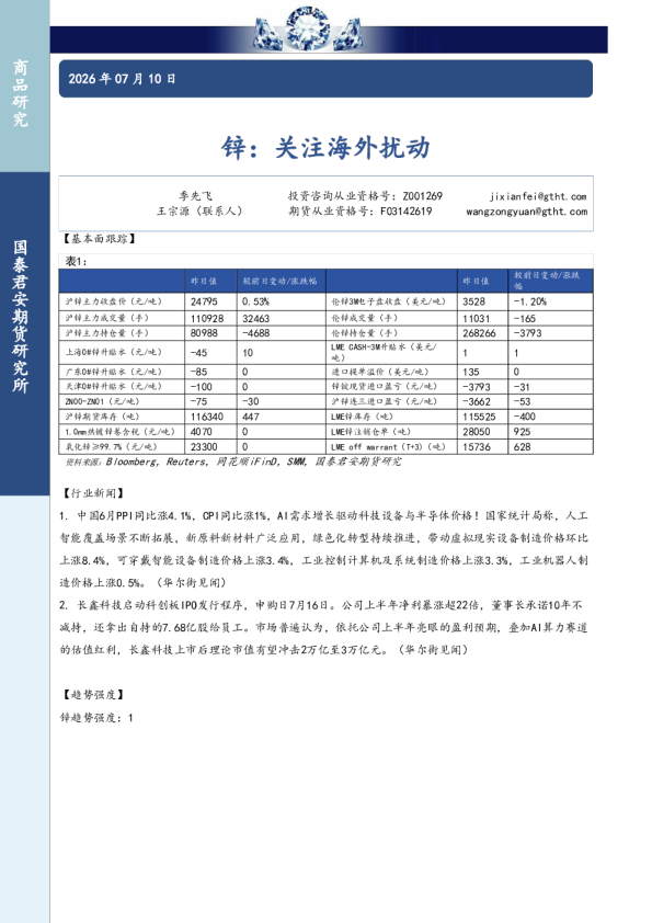 锌：关注海外扰动