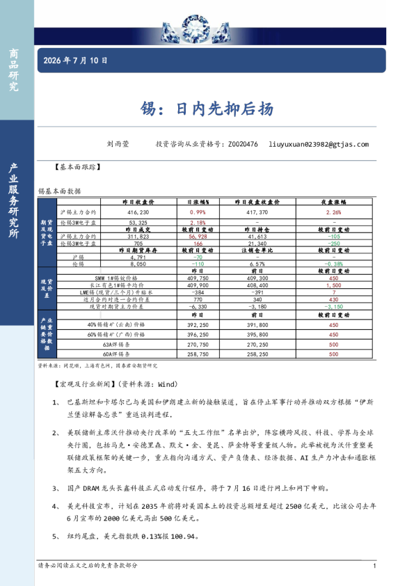 锡：日内先抑后扬