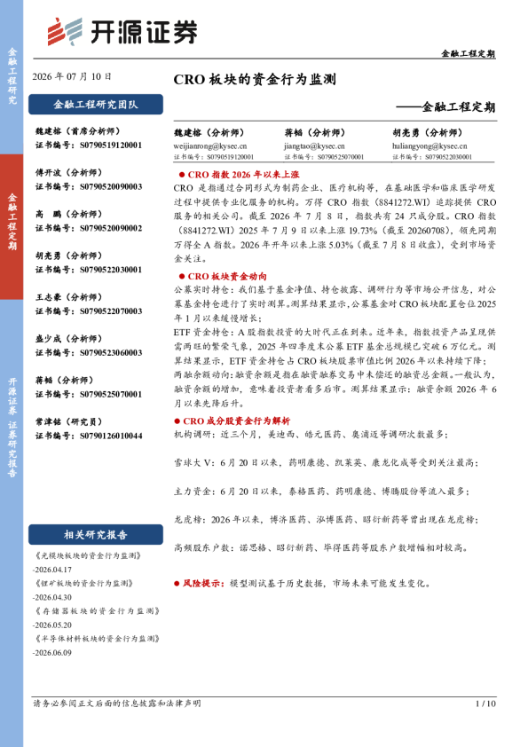 金融工程定期：CRO板块的资金行为监测