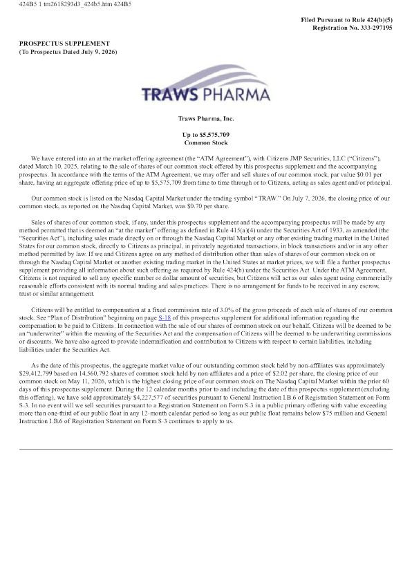 Traws Pharma Inc美股招股说明书(2026-07-10版)