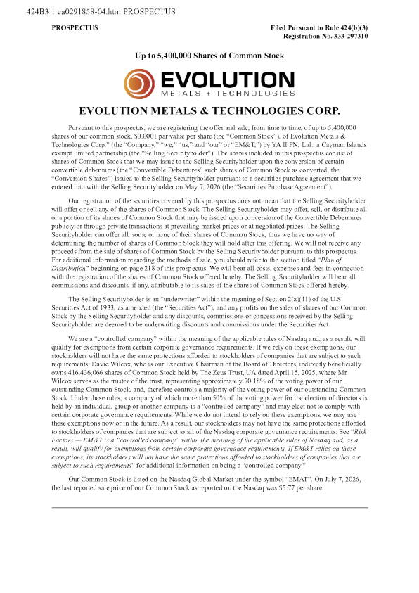 Evolution Metals & Technologies美股招股说明书(2026-07-10版)