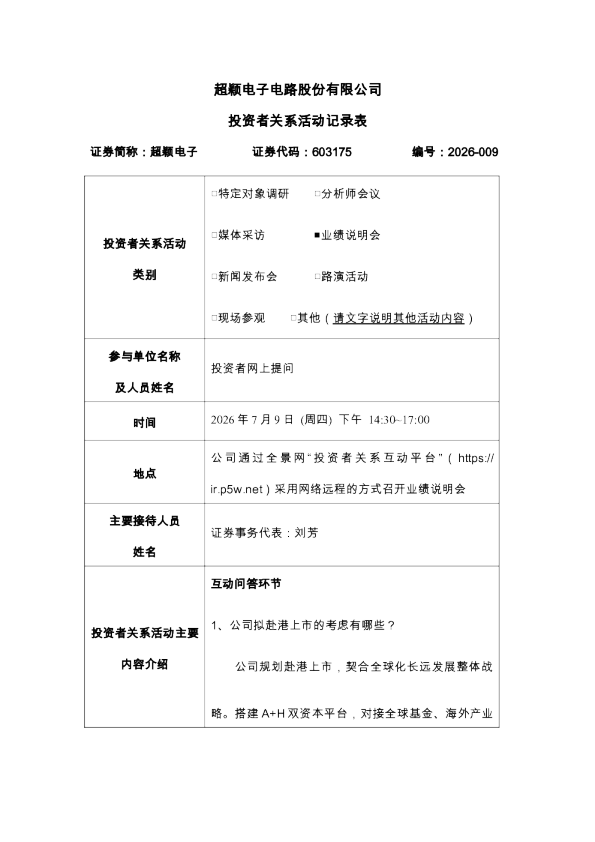 603175 超颖电子 2026-009投资者关系活动记录表
