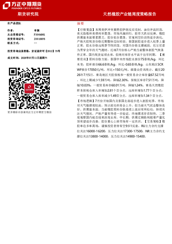 天然橡胶产业链周度策略报告