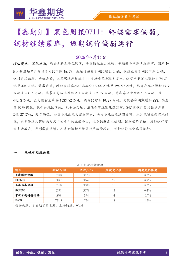 【鑫期汇】黑色周报：终端需求偏弱，钢材继续累库，短期钢价偏弱运行