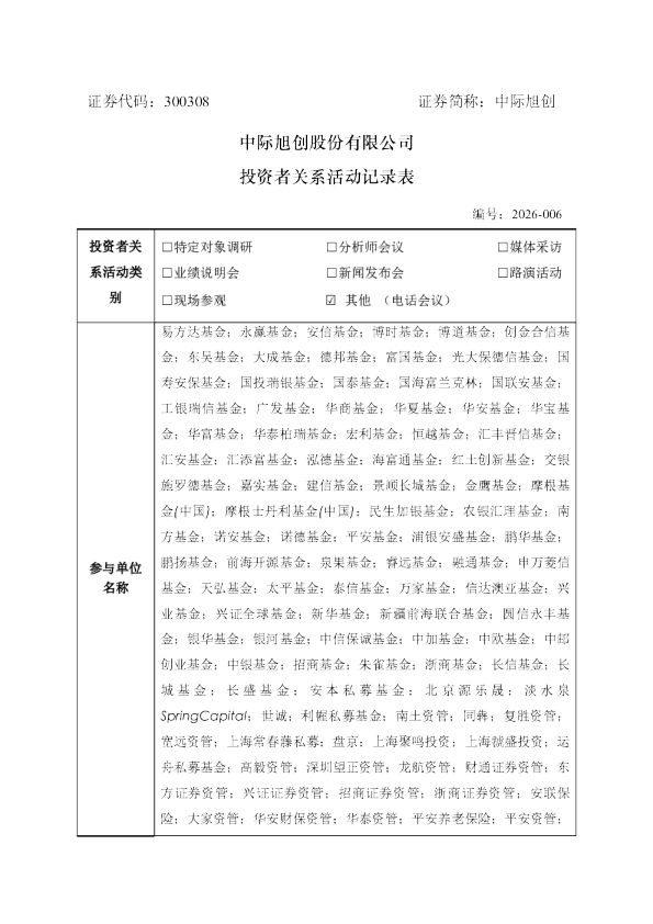 300308 中际旭创 投资者关系活动记录表20260712