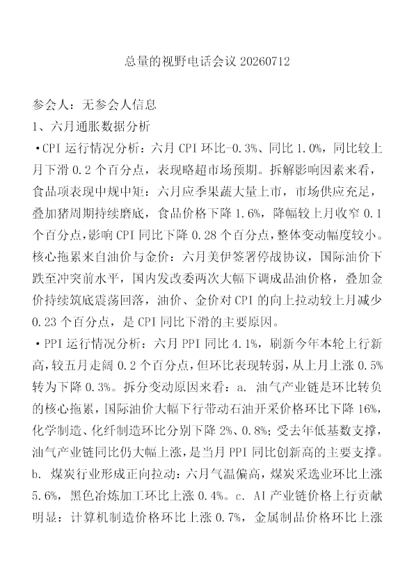 总量的视野电话会议20260712